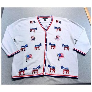 Terazzo Cardigan Womens 3X White Sequin Democrat Donkey USA Patriotic Sweater